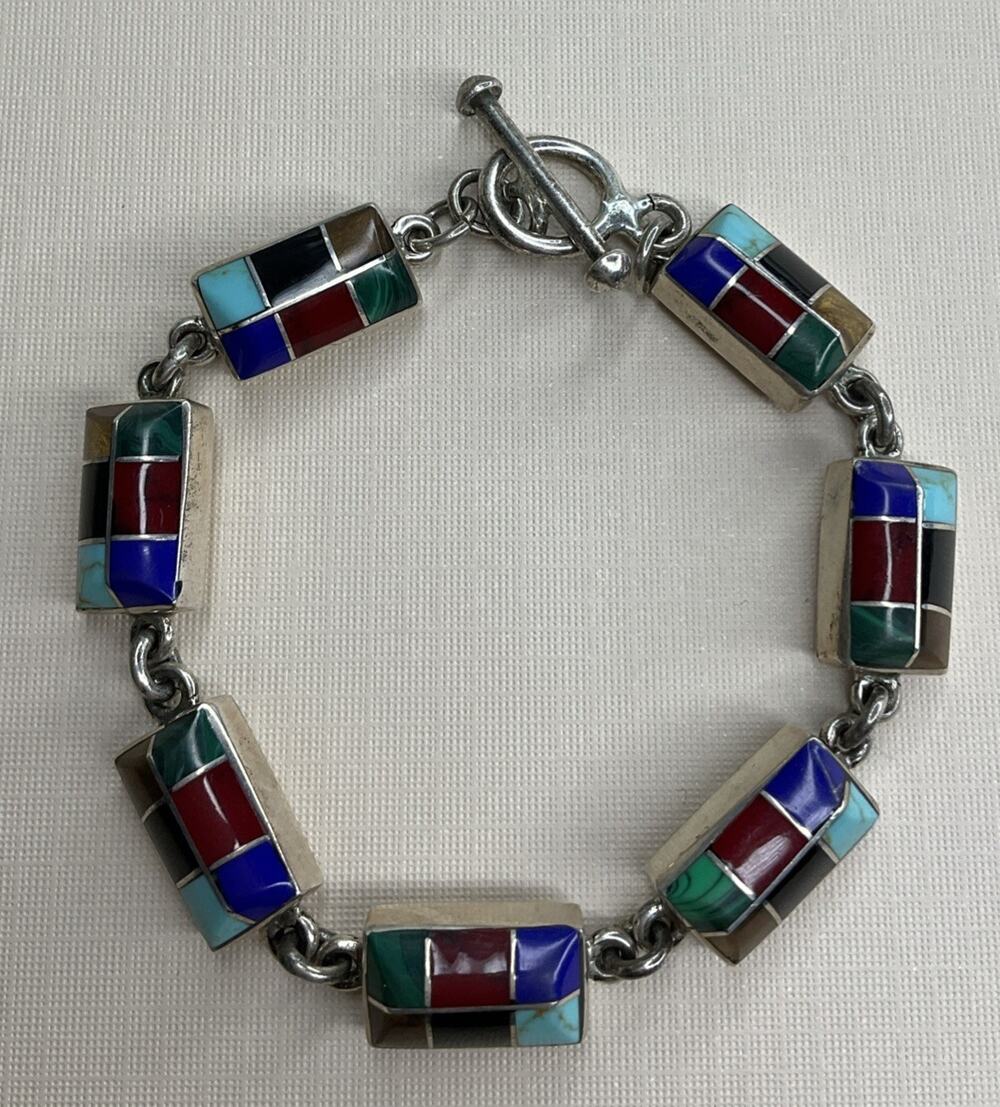 Vintage Mexico 925 Sterling Silver Multi Stone Inlay Link Bracelet 31g 7.5